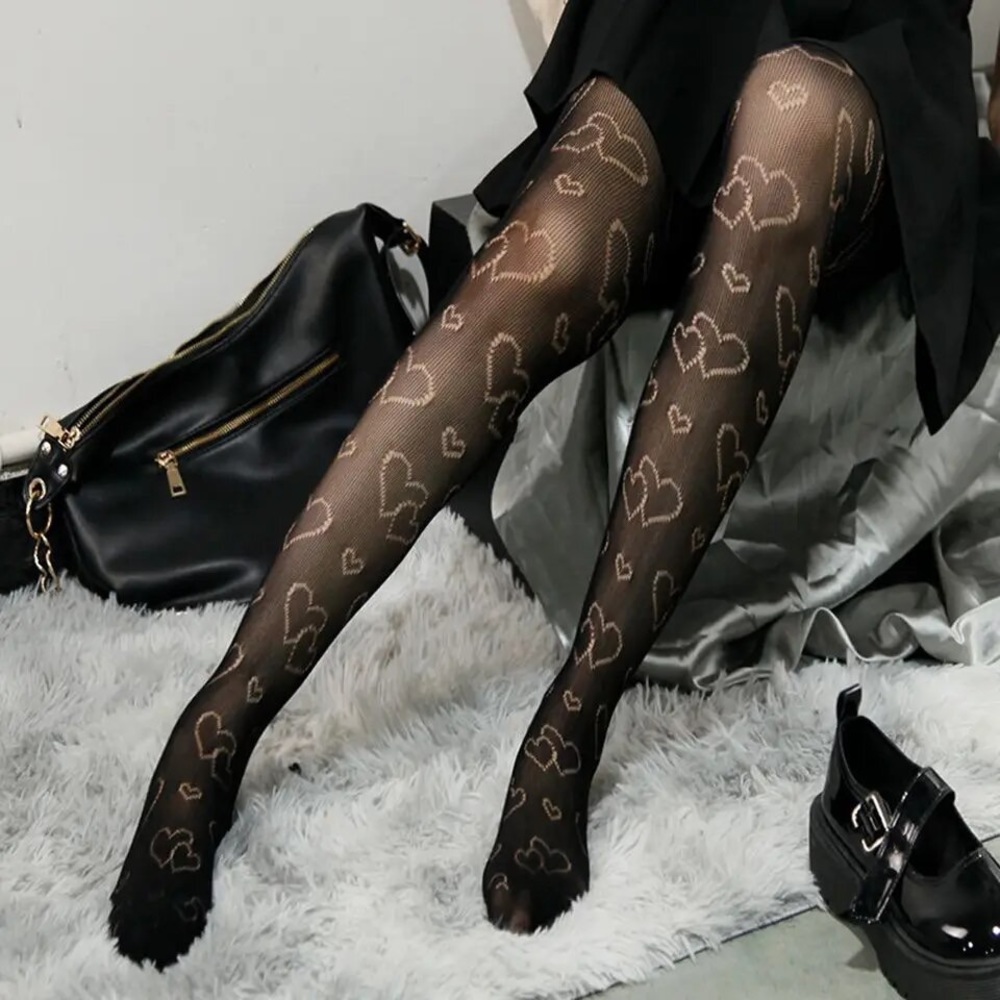 Sexy Black Mesh Pantyhose with Hearts Stockings